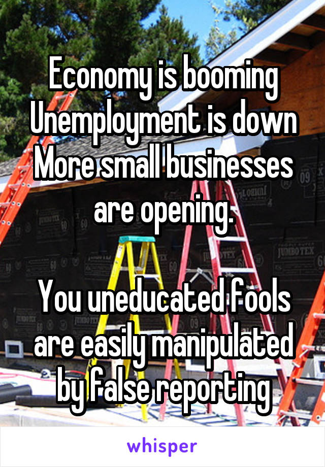 Economy is booming
Unemployment is down
More small businesses are opening.

You uneducated fools are easily manipulated by false reporting