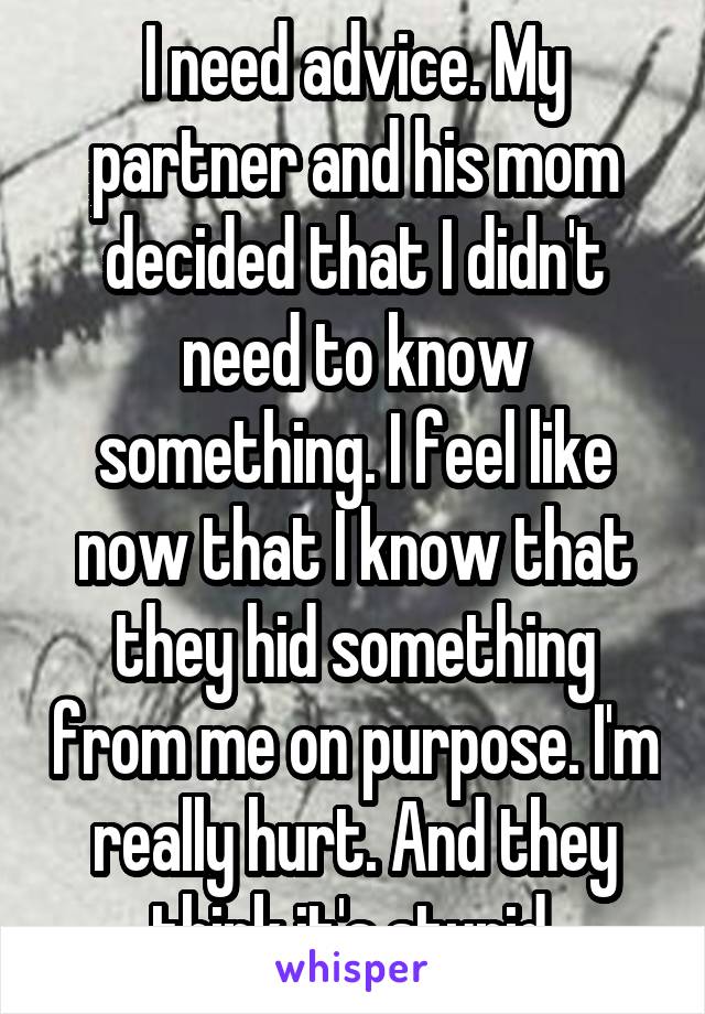 I need advice. My partner and his mom decided that I didn't need to know something. I feel like now that I know that they hid something from me on purpose. I'm really hurt. And they think it's stupid.