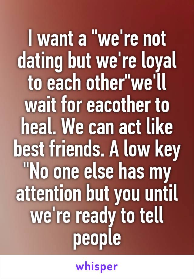 I want a "we're not
dating but we're loyal to each other"we'll wait for eacother to heal. We can act like best friends. A low key "No one else has my attention but you until we're ready to tell people