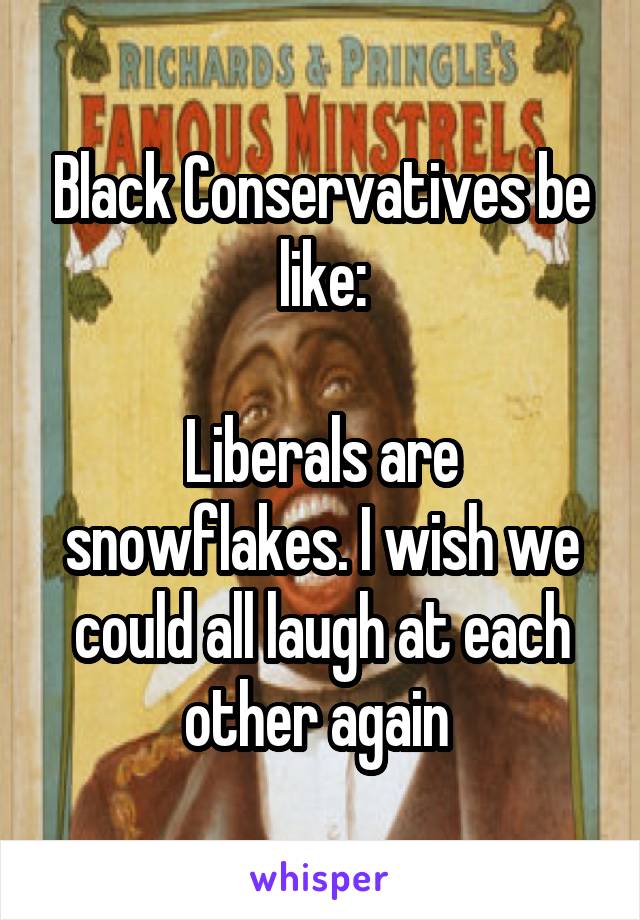 Black Conservatives be like:

Liberals are snowflakes. I wish we could all laugh at each other again 