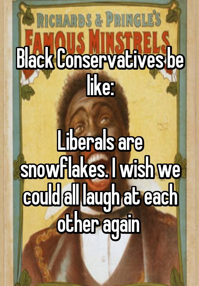 Black Conservatives be like:

Liberals are snowflakes. I wish we could all laugh at each other again 