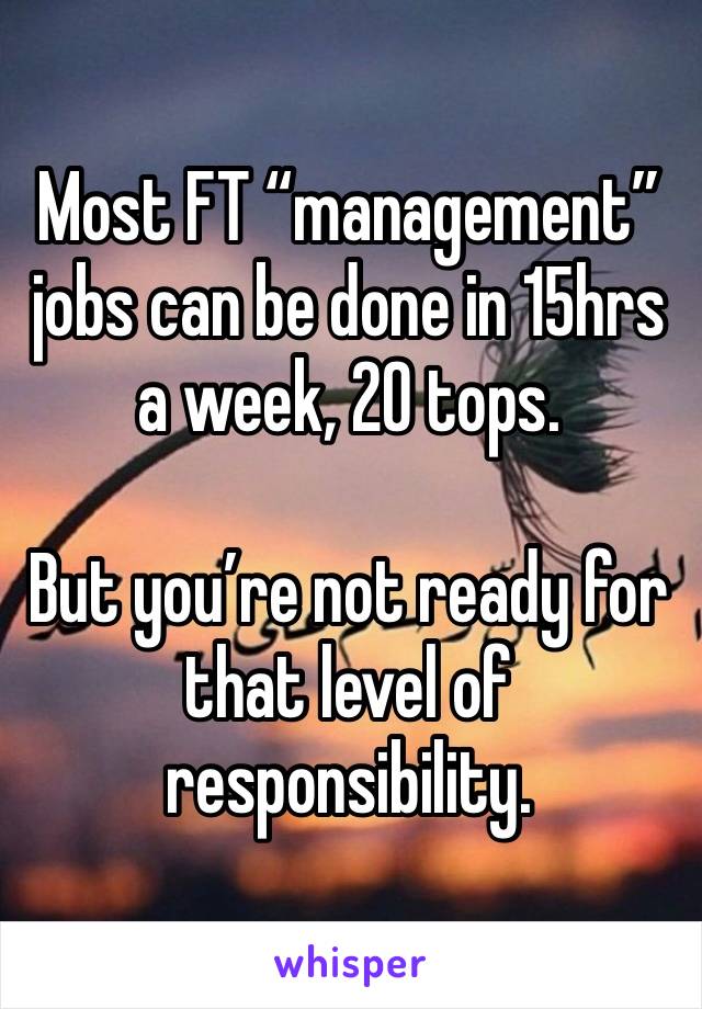 Most FT “management” jobs can be done in 15hrs a week, 20 tops.

But you’re not ready for that level of responsibility.