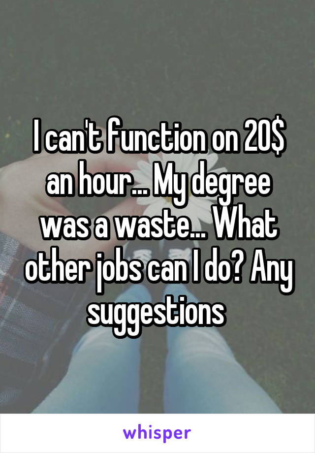 I can't function on 20$ an hour... My degree was a waste... What other jobs can I do? Any suggestions 