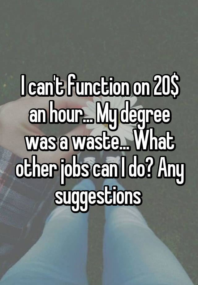 I can't function on 20$ an hour... My degree was a waste... What other jobs can I do? Any suggestions 