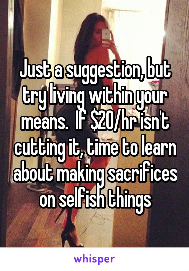 Just a suggestion, but try living within your means.  If $20/hr isn't cutting it, time to learn about making sacrifices on selfish things