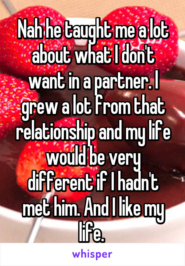 Nah he taught me a lot about what I don't want in a partner. I grew a lot from that relationship and my life would be very different if I hadn't met him. And I like my life. 