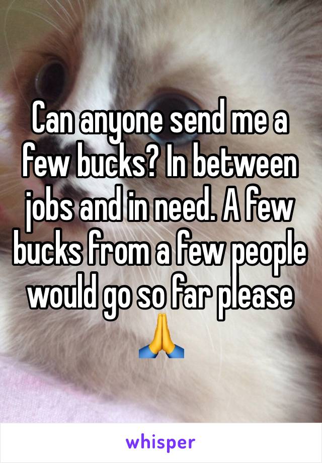 Can anyone send me a few bucks? In between jobs and in need. A few bucks from a few people would go so far please🙏