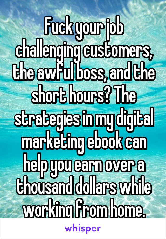 Fuck your job challenging customers, the awful boss, and the short hours? The strategies in my digital marketing ebook can help you earn over a thousand dollars while working from home.