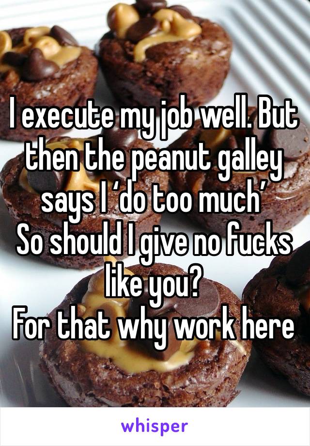 I execute my job well. But then the peanut galley says I ‘do too much’
So should I give no fucks like you? 
For that why work here 