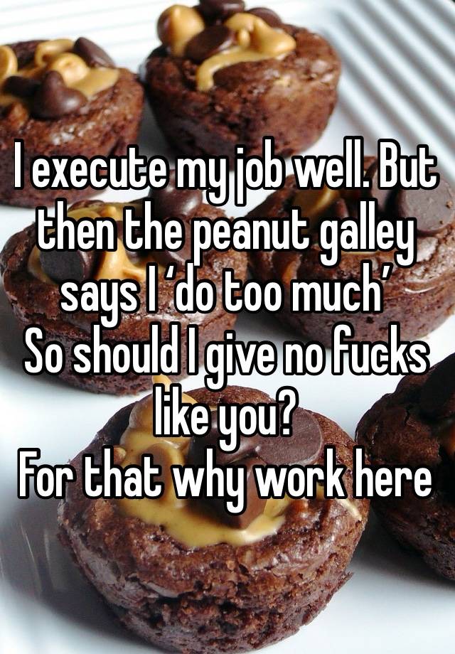 I execute my job well. But then the peanut galley says I ‘do too much’
So should I give no fucks like you? 
For that why work here 