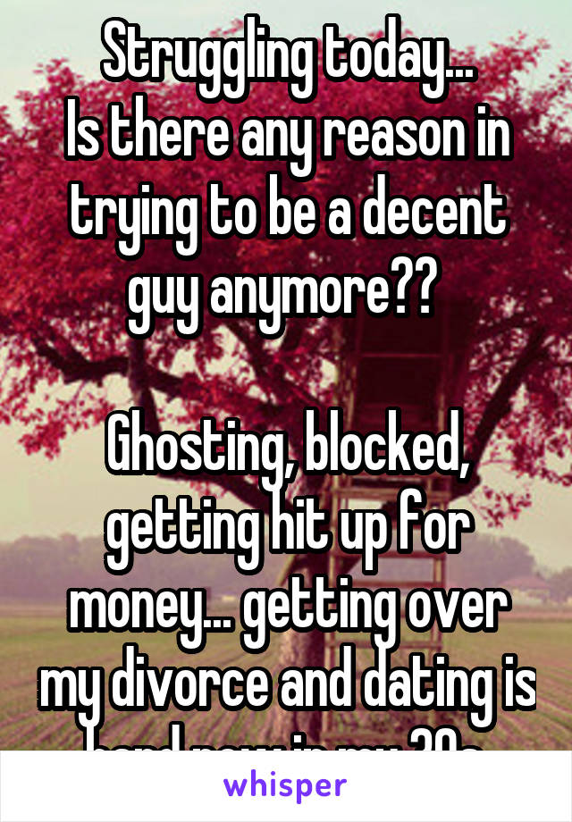 Struggling today...
Is there any reason in trying to be a decent guy anymore?? 

Ghosting, blocked, getting hit up for money... getting over my divorce and dating is hard now in my 30s.