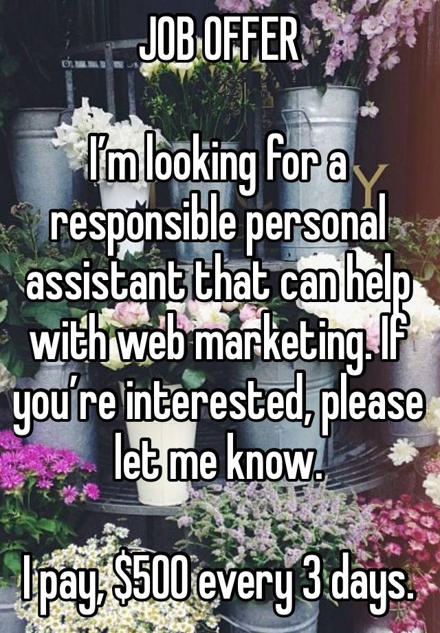 JOB OFFER 

I’m looking for a responsible personal assistant that can help with web marketing. If you’re interested, please let me know.

I pay, $500 every 3 days.