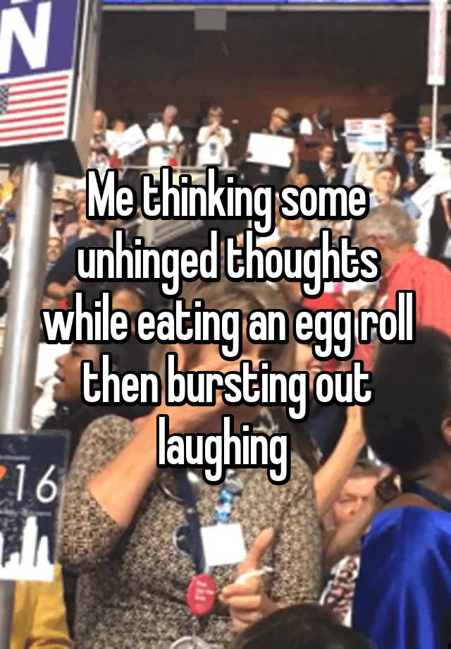 Me thinking some unhinged thoughts while eating an egg roll then bursting out laughing 