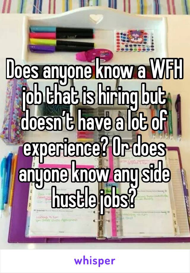 Does anyone know a WFH job that is hiring but doesn’t have a lot of experience? Or does anyone know any side hustle jobs? 