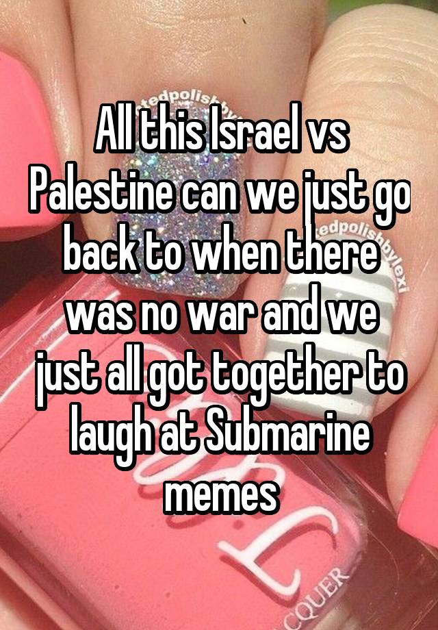 All this Israel vs Palestine can we just go back to when there was no war and we just all got together to laugh at Submarine memes