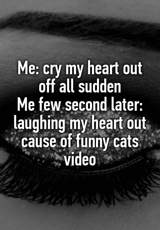 Me: cry my heart out off all sudden
Me few second later: laughing my heart out cause of funny cats video