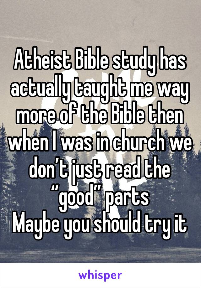 Atheist Bible study has actually taught me way more of the Bible then when I was in church we don’t just read the “good” parts
Maybe you should try it