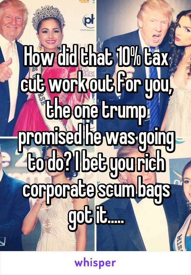 How did that 10% tax cut work out for you, the one trump promised he was going to do? I bet you rich corporate scum bags got it.....