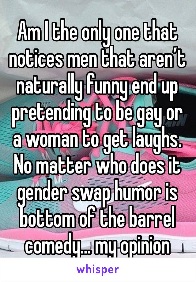 Am I the only one that notices men that aren’t naturally funny end up pretending to be gay or a woman to get laughs. No matter who does it gender swap humor is bottom of the barrel comedy… my opinion