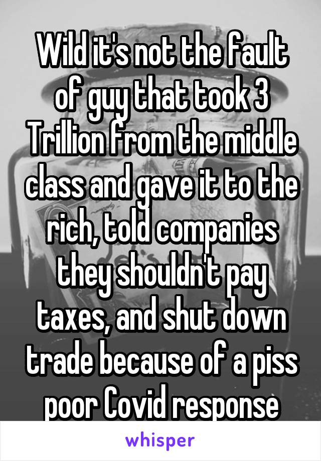 Wild it's not the fault of guy that took 3 Trillion from the middle class and gave it to the rich, told companies they shouldn't pay taxes, and shut down trade because of a piss poor Covid response