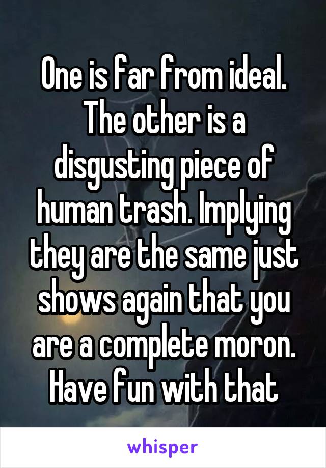 One is far from ideal. The other is a disgusting piece of human trash. Implying they are the same just shows again that you are a complete moron. Have fun with that