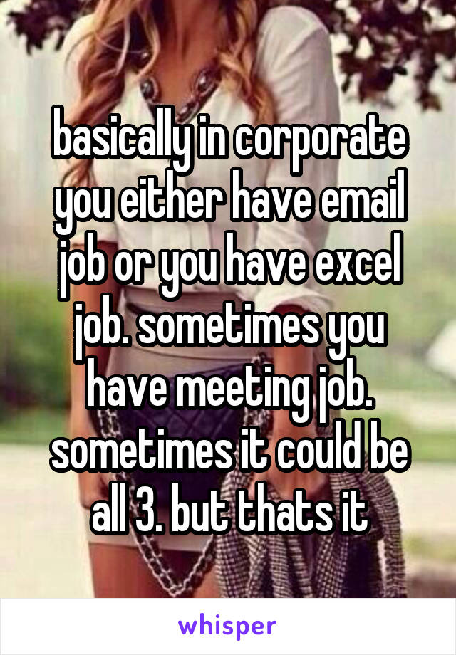 basically in corporate you either have email job or you have excel job. sometimes you have meeting job. sometimes it could be all 3. but thats it