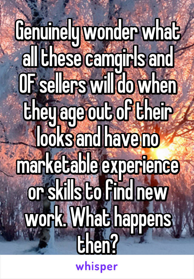 Genuinely wonder what all these camgirls and OF sellers will do when they age out of their looks and have no marketable experience or skills to find new work. What happens then?