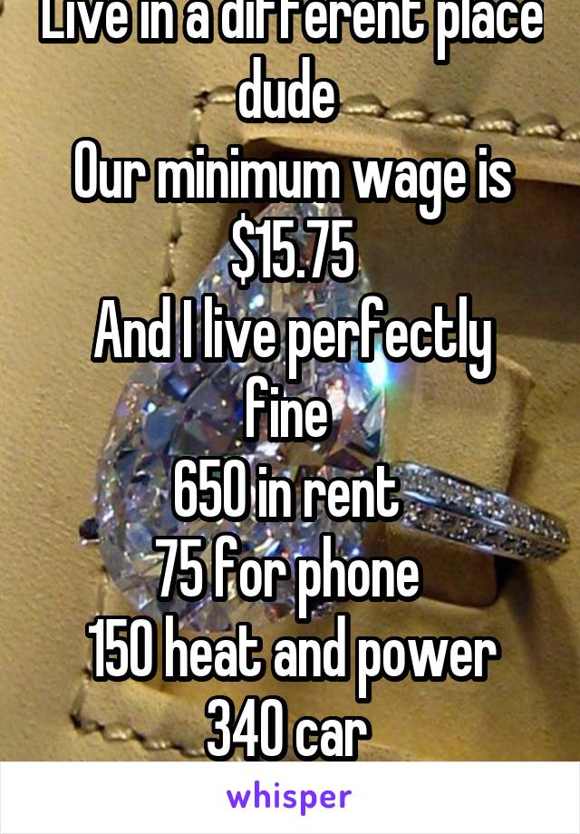 Live in a different place dude 
Our minimum wage is $15.75
And I live perfectly fine 
650 in rent 
75 for phone 
150 heat and power
340 car 
120 gas