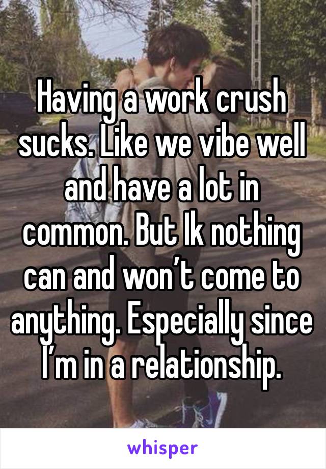 Having a work crush sucks. Like we vibe well and have a lot in common. But Ik nothing can and won’t come to anything. Especially since I’m in a relationship.