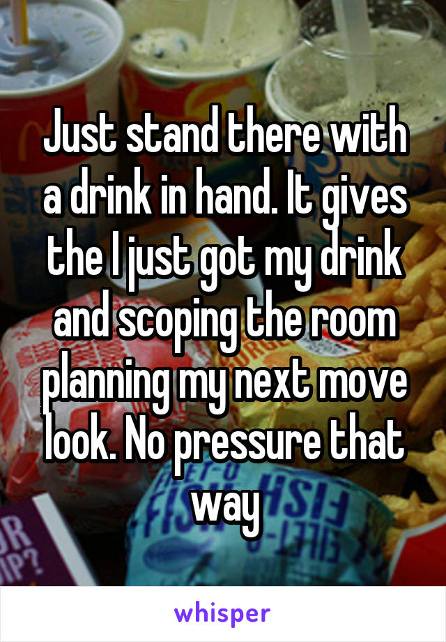 Just stand there with a drink in hand. It gives the I just got my drink and scoping the room planning my next move look. No pressure that way