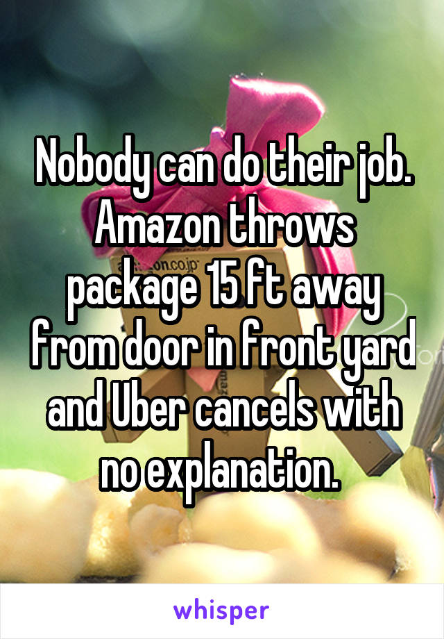 Nobody can do their job. Amazon throws package 15 ft away from door in front yard and Uber cancels with no explanation. 