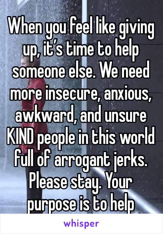 When you feel like giving up, it’s time to help someone else. We need more insecure, anxious, awkward, and unsure KIND people in this world full of arrogant jerks. Please stay. Your purpose is to help