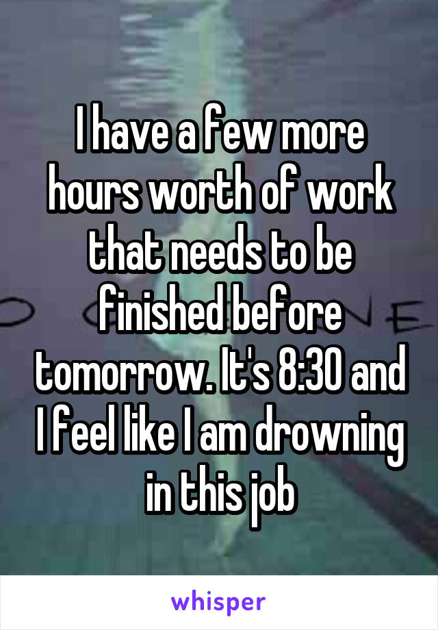 I have a few more hours worth of work that needs to be finished before tomorrow. It's 8:30 and I feel like I am drowning in this job