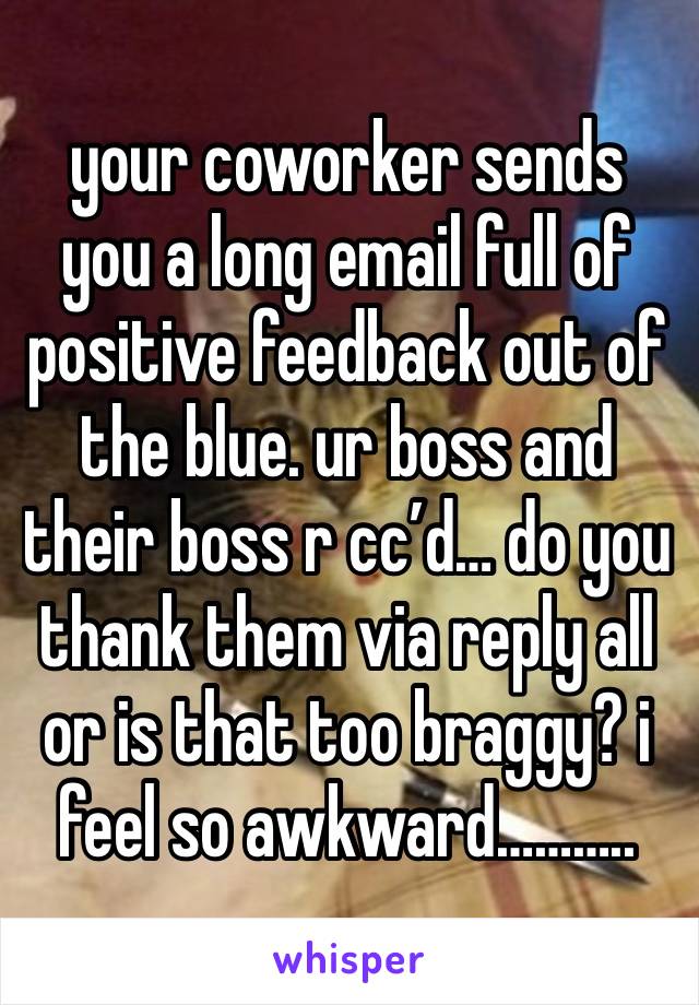 your coworker sends you a long email full of positive feedback out of the blue. ur boss and their boss r cc’d… do you thank them via reply all or is that too braggy? i feel so awkward………..