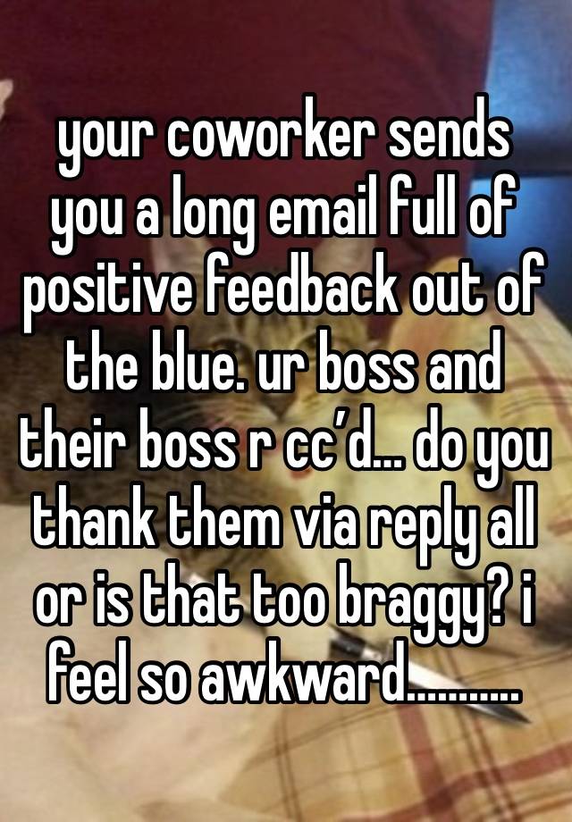 your coworker sends you a long email full of positive feedback out of the blue. ur boss and their boss r cc’d… do you thank them via reply all or is that too braggy? i feel so awkward………..