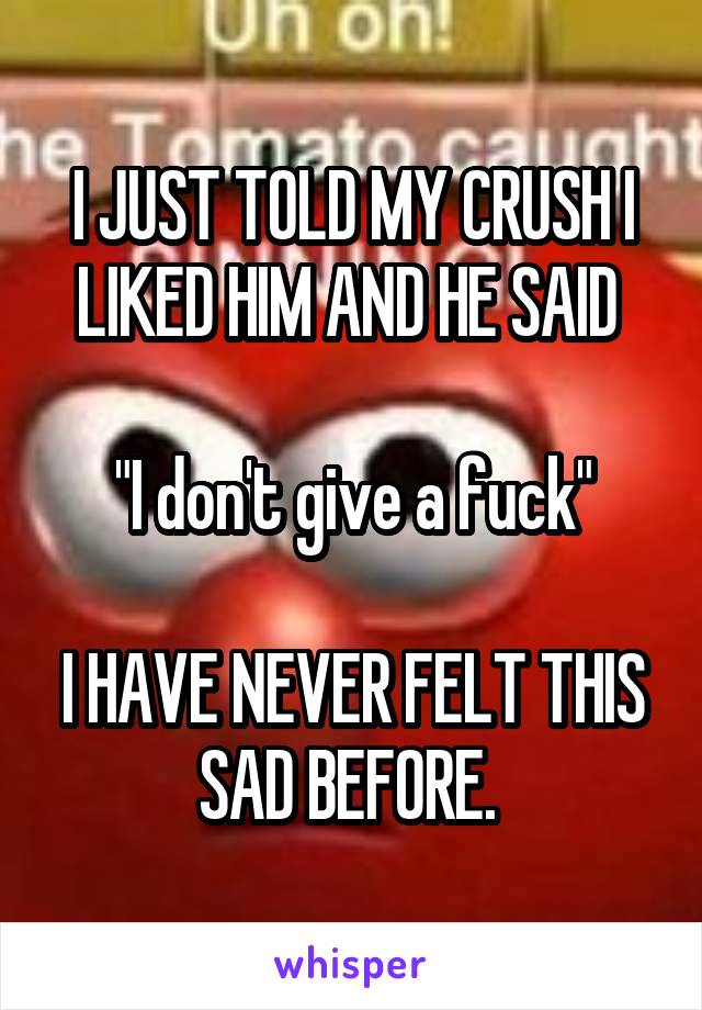 I JUST TOLD MY CRUSH I LIKED HIM AND HE SAID 

"I don't give a fuck"

I HAVE NEVER FELT THIS SAD BEFORE. 