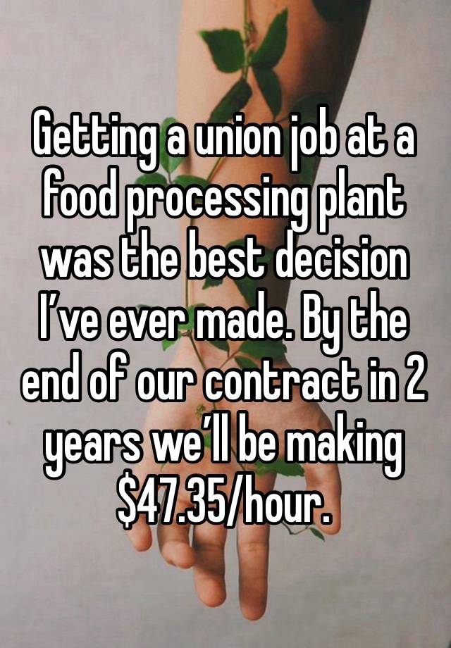 Getting a union job at a food processing plant was the best decision I’ve ever made. By the end of our contract in 2 years we’ll be making $47.35/hour. 