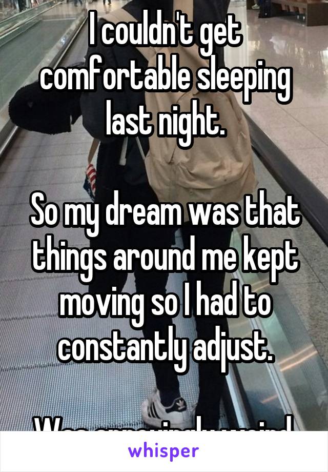 I couldn't get comfortable sleeping last night.

So my dream was that things around me kept moving so I had to constantly adjust.

Was annoyingly weird.