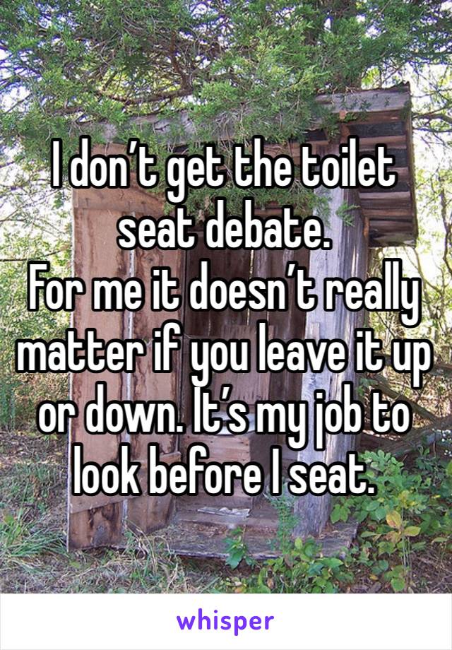 I don’t get the toilet seat debate. 
For me it doesn’t really matter if you leave it up or down. It’s my job to look before I seat. 