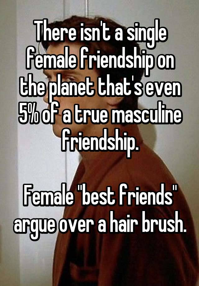 There isn't a single female friendship on the planet that's even 5% of a true masculine friendship.

Female "best friends" argue over a hair brush.
