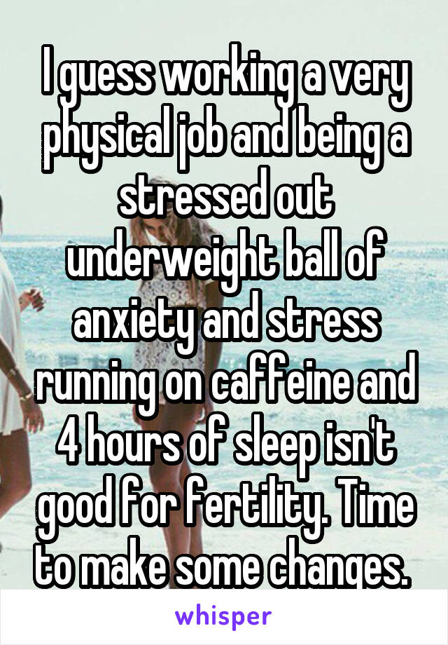 I guess working a very physical job and being a stressed out underweight ball of anxiety and stress running on caffeine and 4 hours of sleep isn't good for fertility. Time to make some changes. 