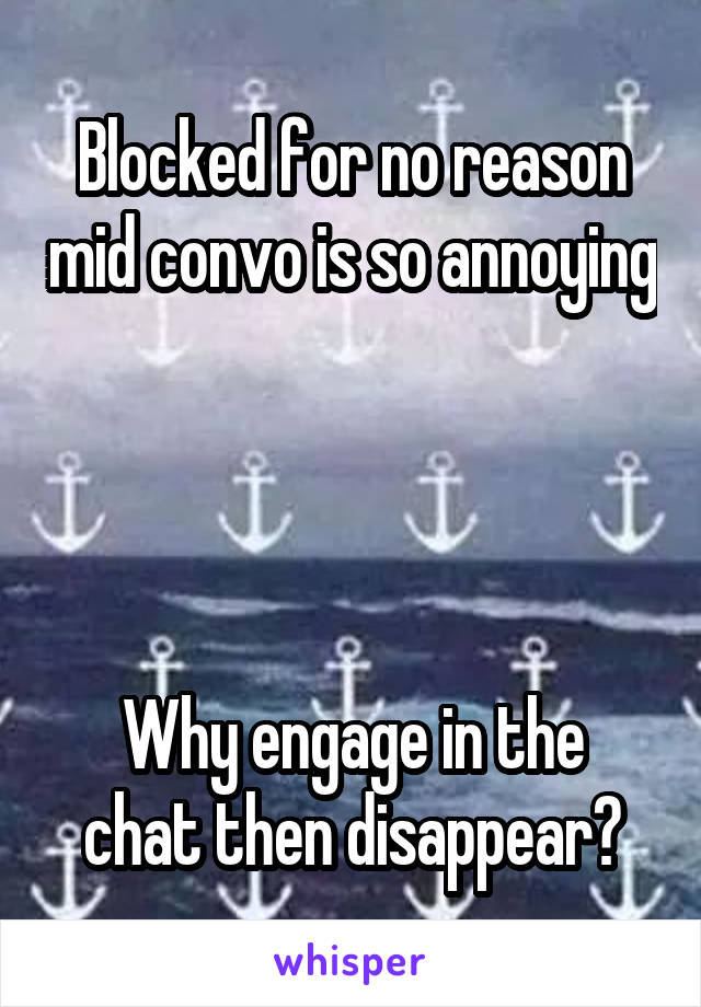 Blocked for no reason mid convo is so annoying




Why engage in the chat then disappear?