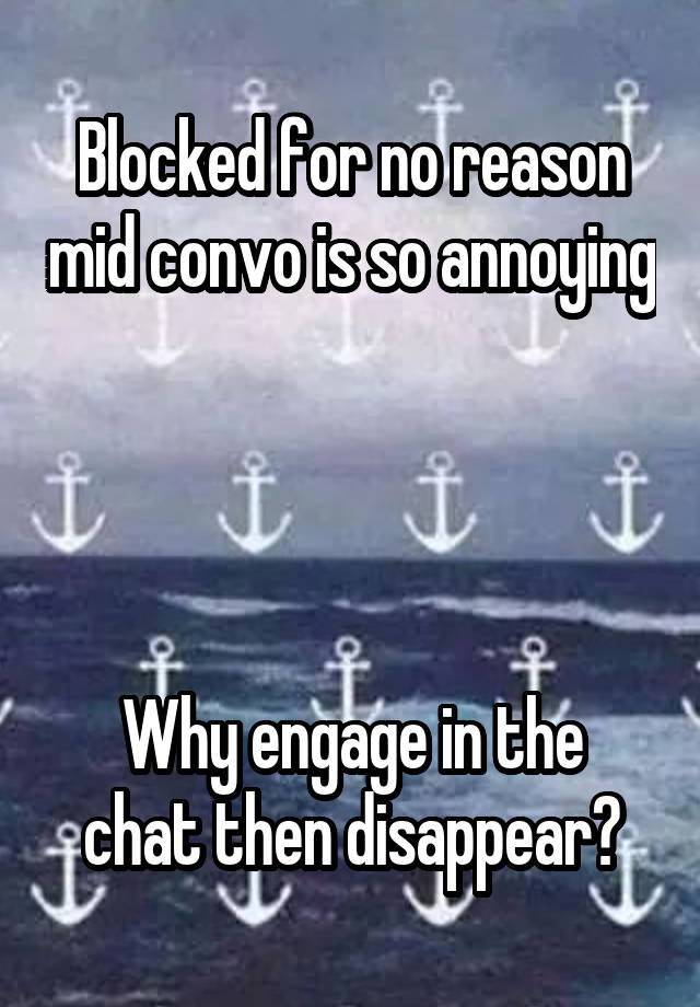 Blocked for no reason mid convo is so annoying




Why engage in the chat then disappear?