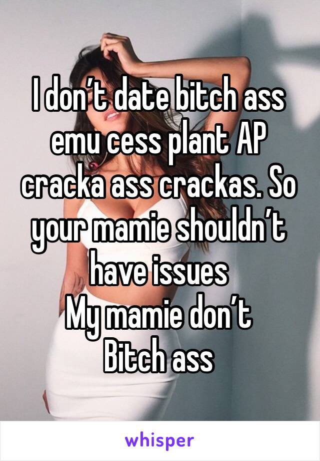 I don’t date bitch ass emu cess plant AP cracka ass crackas. So your mamie shouldn’t have issues 
My mamie don’t
Bitch ass