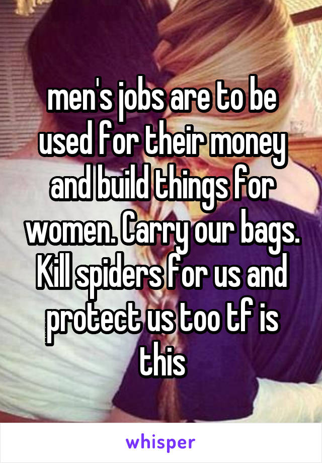  men's jobs are to be used for their money and build things for women. Carry our bags. Kill spiders for us and protect us too tf is this