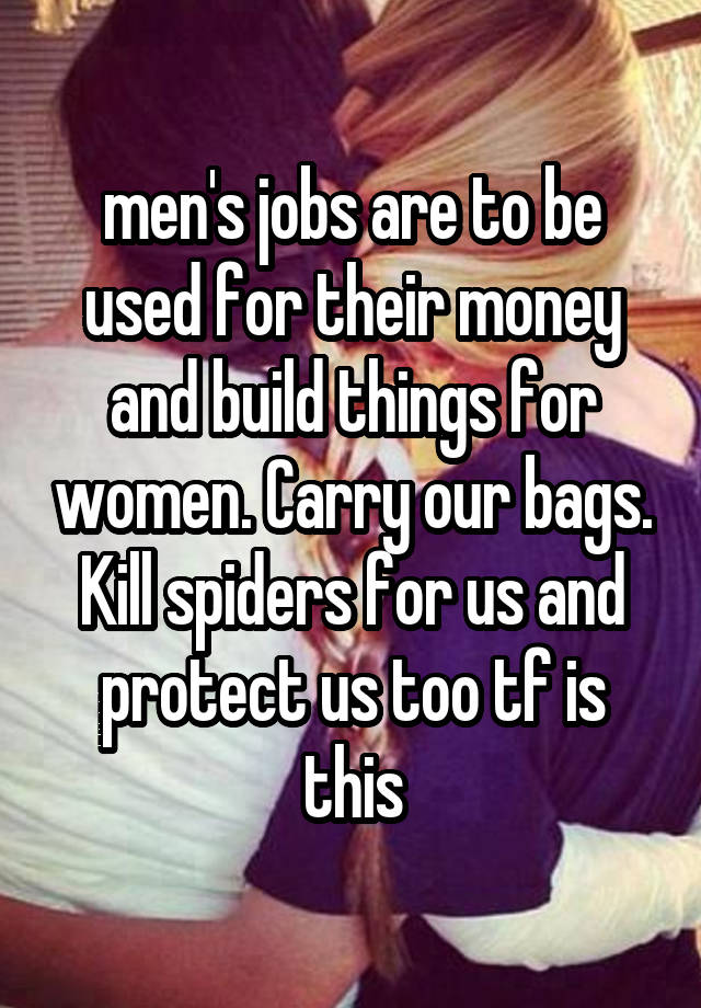  men's jobs are to be used for their money and build things for women. Carry our bags. Kill spiders for us and protect us too tf is this