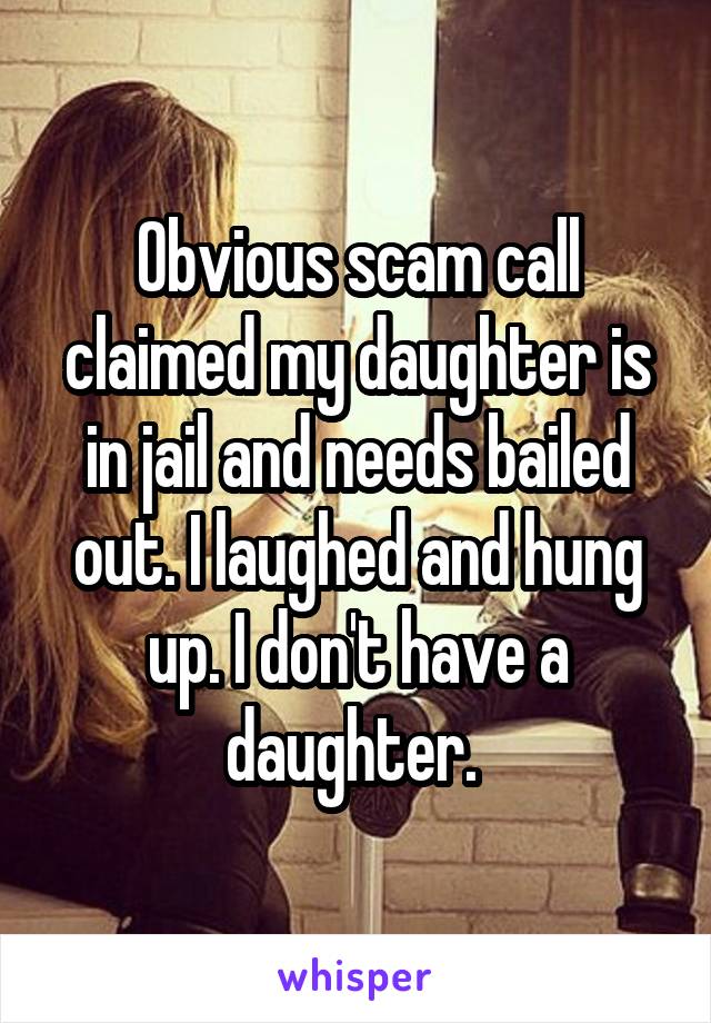 Obvious scam call claimed my daughter is in jail and needs bailed out. I laughed and hung up. I don't have a daughter. 