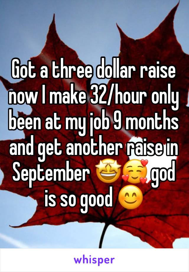 Got a three dollar raise now I make 32/hour only been at my job 9 months and get another raise in September 🤩🥰 god is so good 😊 