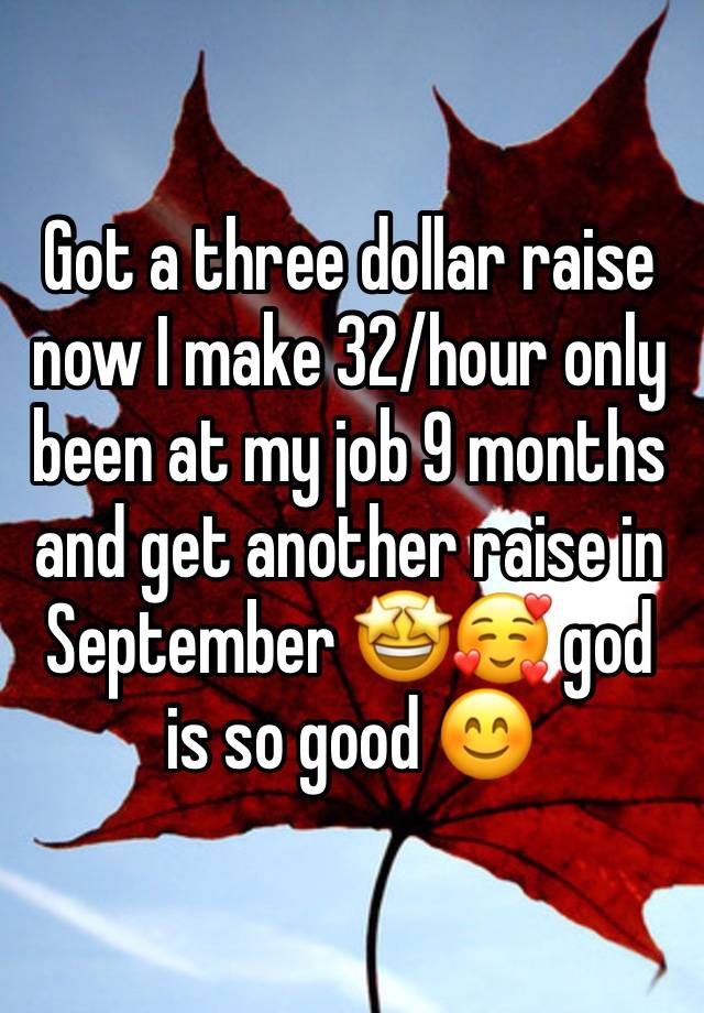 Got a three dollar raise now I make 32/hour only been at my job 9 months and get another raise in September 🤩🥰 god is so good 😊 