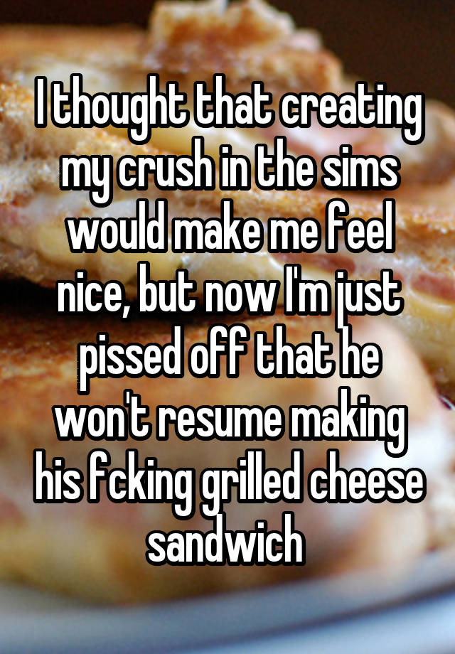 I thought that creating my crush in the sims would make me feel nice, but now I'm just pissed off that he won't resume making his fcking grilled cheese sandwich 